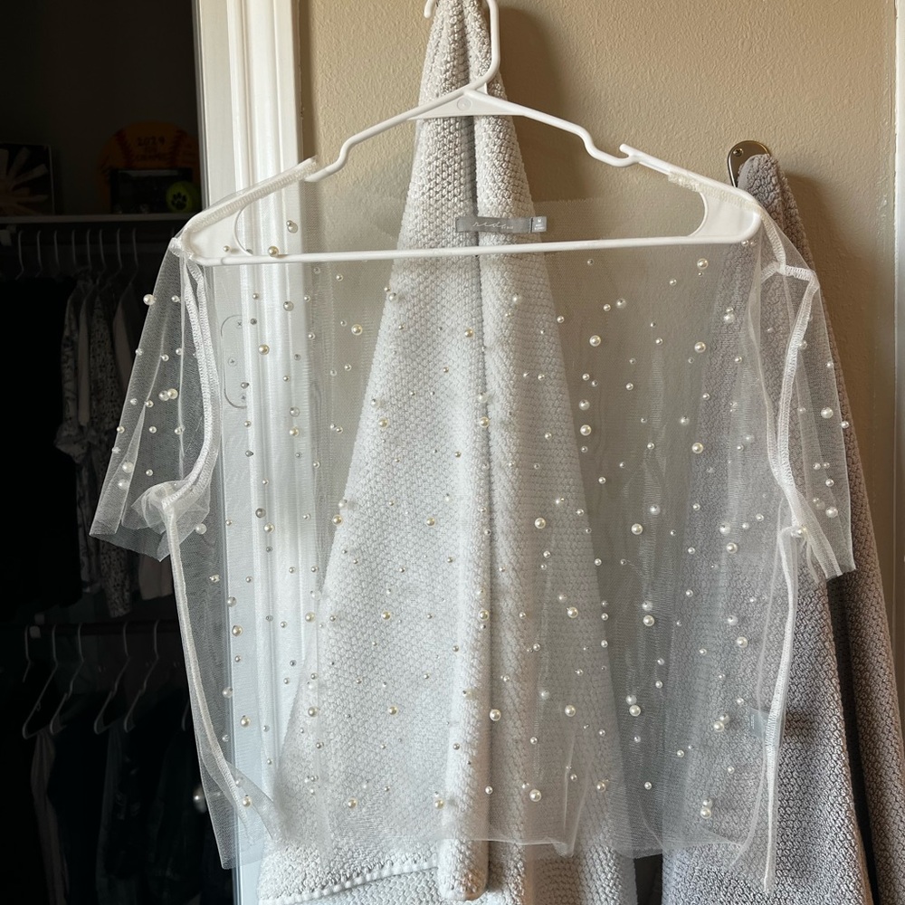 Elegant Sheer White Top with Pearl Accents